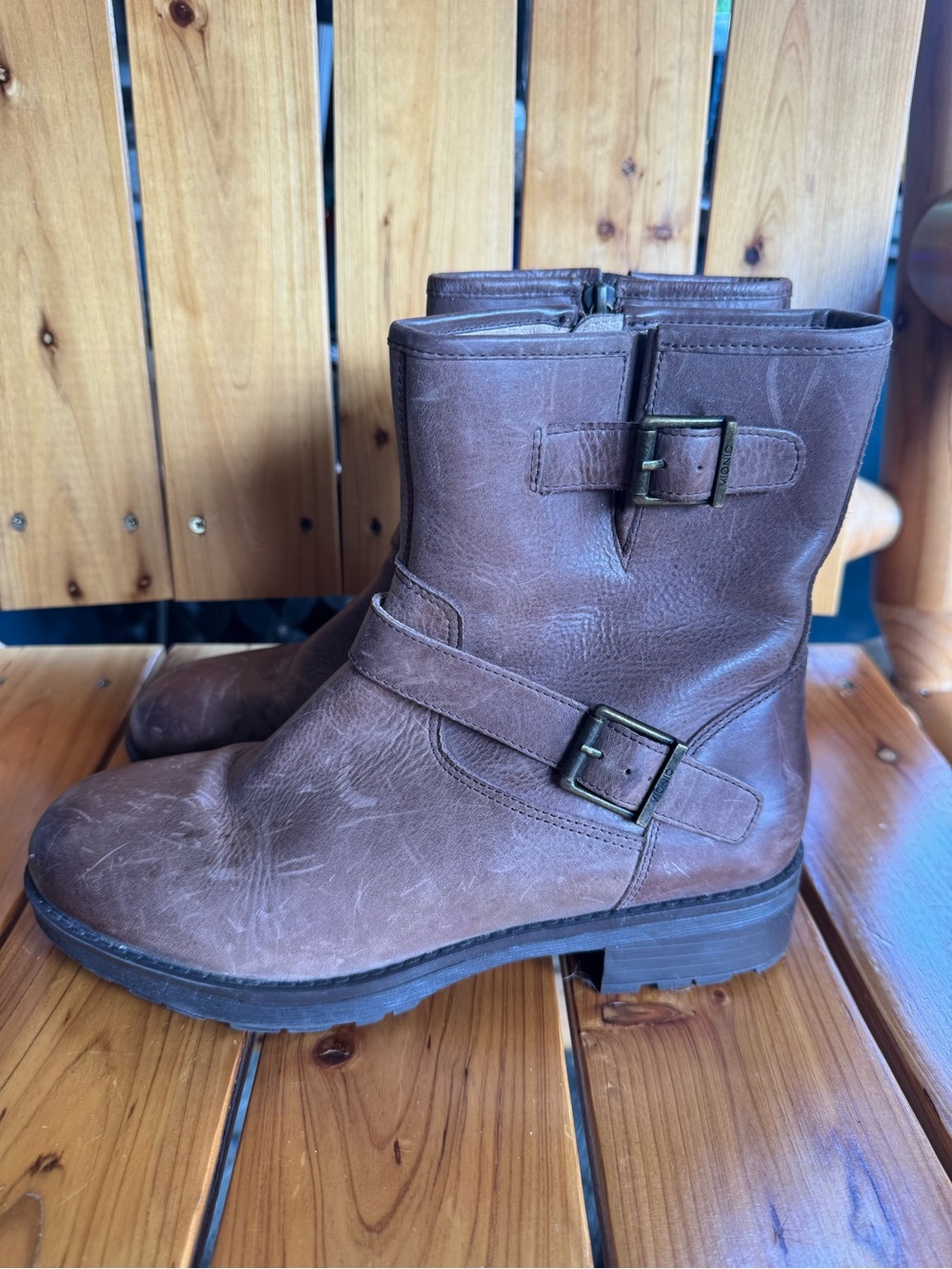 Vionic Brown Leather Combat Moto Boots with Buckle Straps